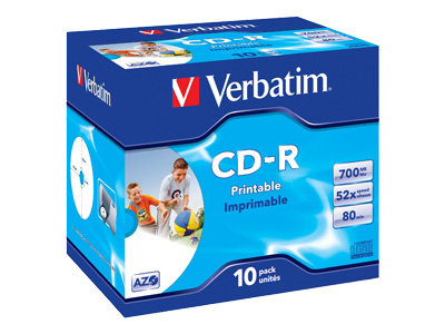 CD-R/700MB 80Min 52x SupAZO JC 10pk Prt Verbatim - 10 x CD-R - 700 MB ( 80 min. ) 52x - inkjet-bedrukbaar oppervlak, breed bedrukbaar oppervlak - jewel case - opslagmedia