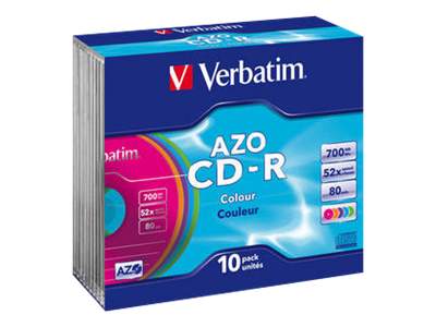 CD-R/700MB 80Min 48x Color SlimCase 10pk Verbatim AZO Colours - 10 x CD-R - 700 MB ( 80 min. ) 52x - blauw, magenta, groen, oranje, violet - slim jewel case - opslagmedia