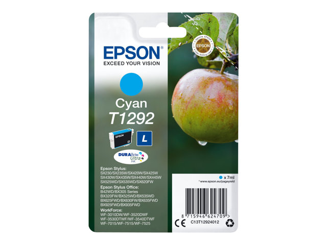 Epson T1292 - 7 ml - L size - cyan - original - blister - ink cartridge - for Stylus SX230, SX235, SX430, SX438, WorkForce WF-3010, 3520, 3530, 3540, 7015, 7515, 7525
