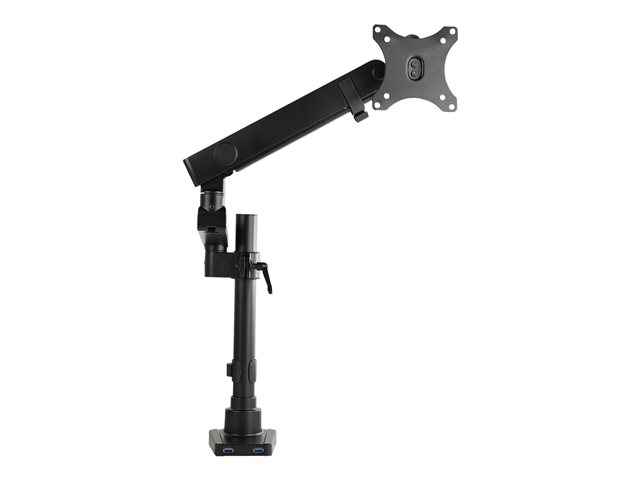 StarTech.com Desk Mount Monitor Arm with 2x USB 3.0 ports, Pole Mount Full Motion Single Arm Monitor Mount up to 17.6lbs/8kg VESA Display, Ergonomic Articulating Monitor Arm, Clamp/Grommet - Small Footprint Design (ARMPIVOT2USB3) - Mounting kit (articulating arm, desk clamp mount, grommet clamp) - for Monitor - heavy duty aluminium - black - screen size: 17\"-34\" - desk-mountable