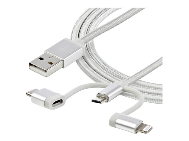 StarTech.com USB Multi Charging Cable - 3.3 ft / 1m - Lightning / USB-C / Micro-USB - Braided - MFi Certified - USB 2.0 - 3 in 1 Charging (LTCUB1MGR) - USB cable - USB (M) to Micro-USB Type B, Lightning, 24 pin USB-C (M) - 1 m - silver