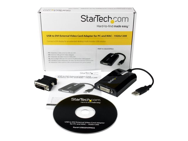 StarTech.com USB to DVI Adapter - 1920x1200 - External Video & Graphics Card - Dual Monitor Display Adapter Cable - Supports Mac & Windows (USB2DVIPRO2) - USB / DVI adapter - USB (M) to DVI-I (F) - USB 2.0 - 27 m - 1920 x 1200 (WUXGA) support - black - for P/N: DVIDDMM10, DVIDDMM6, DVIDSMM10, DVIMM6, DVISPL1DD, HDDVIMM3, HDMIDVIMM10, HDMIDVIMM6
