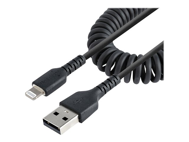 StarTech.com 50cm (20in) USB to Lightning Cable, MFi Certified, Coiled iPhone Charger Cable, Black, Durable and Flexible TPE Jacket Aramid Fiber, Heavy Duty Coil Charging Cable - Rugged USB Lightning Cable - Lightning cable - USB male to Lightning male - 50 cm - black - coiled