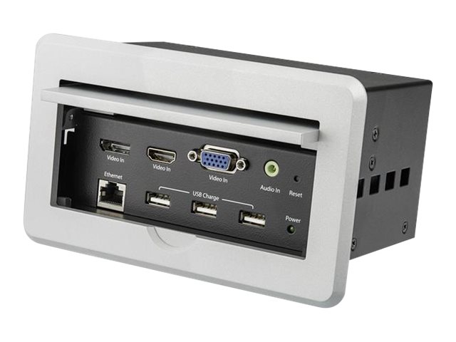 StarTech.com Conference Table Connectivity Pop up Box with AV and Data Ports - HDMI, VGA, DisplayPort to 4K HDMI Output (BOX4HDECP2) - Mounting plate - HDMI, HD-15, mini-phone stereo 3.5 mm, RJ-45, USB Type A, DisplayPort - silver