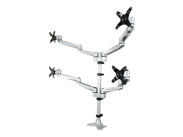 StarTech.com Desk Mount Quad Monitor Arm, Premium Articulating VESA 4 Monitor Mount 2x2 up to 27\", Ergonomic Height Adjustable Pole Mount, Tilt/Swivel/Rotate, C-Clamp/Grommet, Silver - Heavy-duty VESA Mount (ARMQUADPS) - Mounting kit - adjustable arm - for 4 monitors - aluminium - silver - screen size: 13\"-27\" - desk-mountable - TAA Compliant