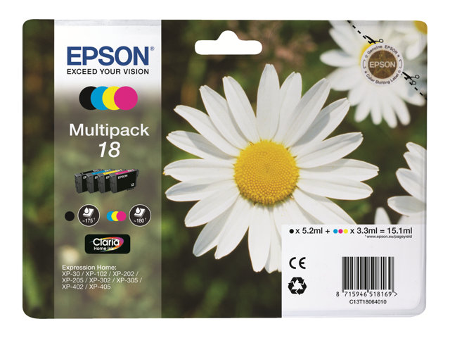 Epson 18 Multipack - 4-pack - 15.1 ml - black, yellow, cyan, magenta - original - ink cartridge - for Expression Home XP-212, 215, 225, 312, 315, 322, 325, 412, 415, 422, 425