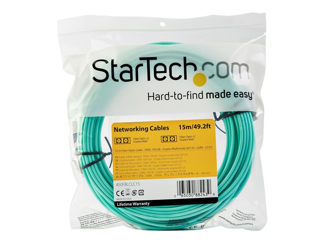 StarTech.com 15 m OM4 LC to LC Multimode Duplex Fiber Optic Patch Cable- Aqua - 50/125 - Fiber Optic Cable - 40/100Gb - LSZH (450FBLCLC15) - Patch cable - LC multi-mode (M) to LC multi-mode (M) - 15 m - fibre optic - duplex - 50 / 125 micron - OM4 - aqua