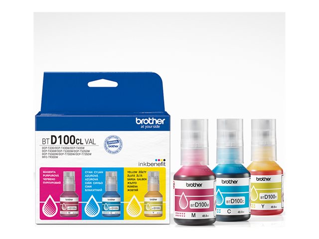 Brother BTD100CL Value Pack - 3-pack - high capacity - yellow, cyan, magenta - original - hanging box - ink refill - for Brother DCP-T530DW, DCP-T730DW, MFC-T930DW