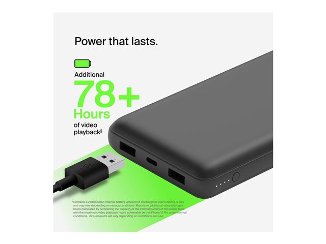 Belkin BoostCharge - Power bank - 20000 mAh - 15 Watt - 3 A - 3 output connectors (24 pin USB-C, 2 x USB) - on cable: USB-C - black
