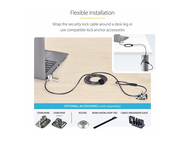 StarTech.com 10-Pack Dual-Access Laptop Lock, 6.5ft (2m) Keyed Alike and Combination Security Cable Lock for K-Slot Devices, Computer Anti-Theft Steel Cable - Security cable lock - black & silver - 2 m (pack of 10)