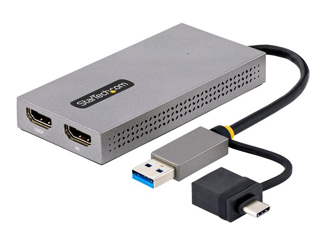 StarTech.com USB to Dual HDMI Adapter, USB A/C to 2x HDMI Monitors (1x 4K 30Hz, 1x 1080p), Integrated USB-A to C Dongle, 4in/11cm Cable, Windows & macOS - USB 3.0 to HDMI Multi-Monitor Display Adapter for Laptop (107B-USB-HDMI) - Adapter - USB Type A, 24 pin USB-C male to 2 x 19 pin HDMI Type A female - grey - 4K support