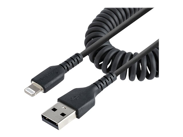 StarTech.com 1m (3ft) USB to Lightning Cable, MFi Certified, Coiled iPhone Charger Cable, Black, Durable and Flexible TPE Jacket Aramid Fiber, Heavy Duty Coil Charging Cable - Rugged USB Lightning Cable - Lightning cable - USB male to Lightning male - 1 m - black - coiled