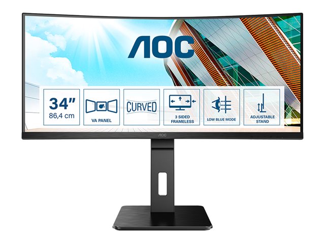 AOC CU34P2A - LED monitor - curved - 34\" - 3440 x 1440 UWQHD @ 100 Hz - VA - 300 cd/m² - 3000:1 - 1 ms - 2xHDMI, DisplayPort - speakers - black