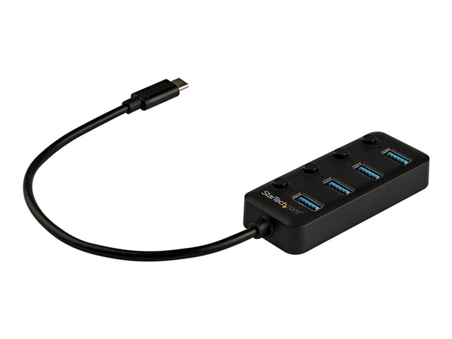 StarTech.com 4 Port USB C Hub, USB-C to 4x USB 3.0 Type-A Ports with Individual On/Off Port Switches, SuperSpeed 5Gbps USB 3.1/3.2 Gen 1, USB Bus Powered, Portable, 10\" Attached Cable - Windows/macOS/Linux (HB30C4AIB) - Hub - 4 x USB 3.1 Gen 1 - desktop