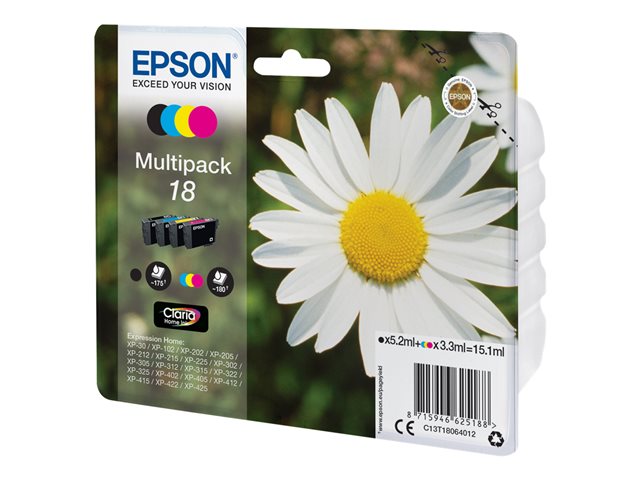 Epson 18 Multipack - 4-pack - 15.1 ml - black, yellow, cyan, magenta - original - ink cartridge - for Expression Home XP-212, 215, 225, 312, 315, 322, 325, 412, 415, 422, 425