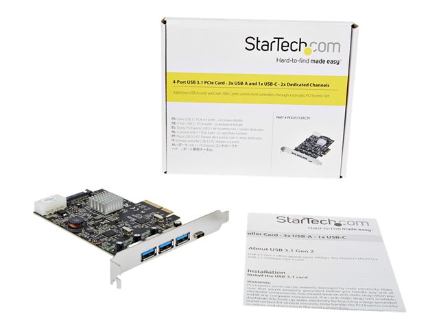 StarTech.com 4 Port USB 3.1 PCIe Card - 1x USB C & 2x A - 2 10Gbps Channels (PEXUS313AC2V) - USB adapter - PCIe 3.0 x4 - USB 3.1 Gen 2 x 3 + USB-C 3.1 Gen 2 x 1 - for P/N: HB31C2A1CGS, HB31C3A1CS, HB31C4AS, USB3C2ESAT3