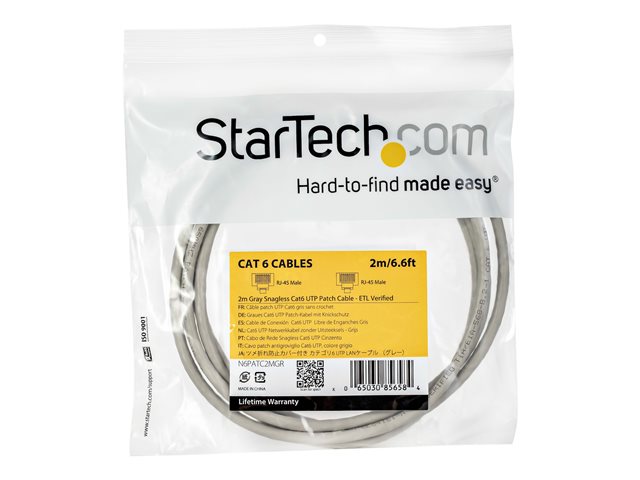 StarTech.com 2m CAT6 Ethernet Cable, 10 Gigabit Snagless RJ45 650MHz 100W PoE Patch Cord, CAT 6 10GbE UTP Network Cable w/Strain Relief, Grey, Fluke Tested/Wiring is UL Certified/TIA - Category 6 - 24AWG (N6PATC2MGR) - Patch cable - RJ-45 (M) to RJ-45 (M) - 2 m - UTP - CAT 6 - snagless - grey