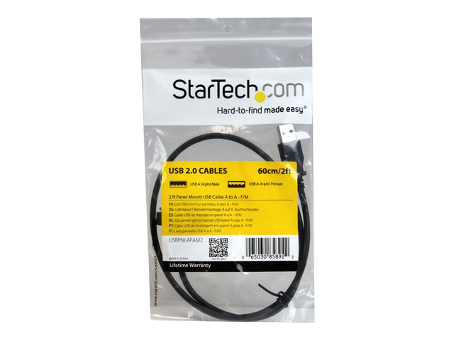 StarTech.com 2 ft Panel Mount USB Cable A to A F/M - Panel Mount USB Extension USB A-Female to A-Male Adapter Cable 2ft - USB-A (F) Port (USBPNLAFAM2) - USB extension cable - USB (F) to USB (M) - 60 cm - molded, thumbscrews - black - for P/N: UUSBOTG