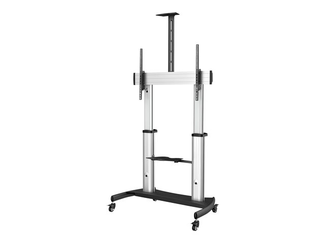 StarTech.com Mobile TV Stand, Heavy Duty TV Cart for 60-100\" Display (100kg/220lb), Height Adjustable Rolling Flat Screen Floor Standing on Wheels, Universal Television Mount w/Shelves - W/ 2 equipment shelves - Cart - for flat panel - aluminium, steel - black, silver - screen size: 60\"-100\"