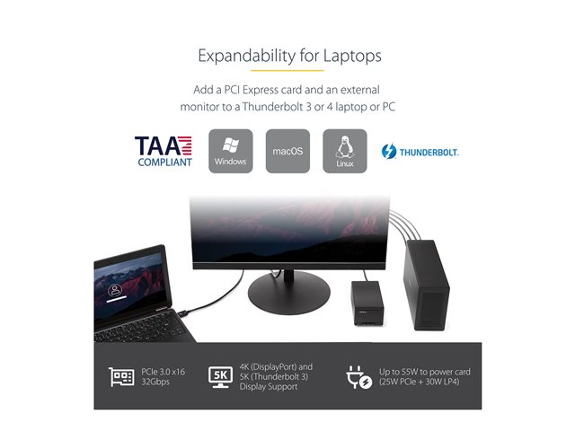 StarTech.com Thunderbolt 3 PCIe Expansion Chassis, External Enclosure Box with 1x PCI-Express Slot, 5K/4K Output Via TB3/DP Ports, TAA - System bus extender - DP - 65 Watt - for P/N: TB3DK2DPM2, TB3DOCK2DPPD, TB3DOCK2DPPU