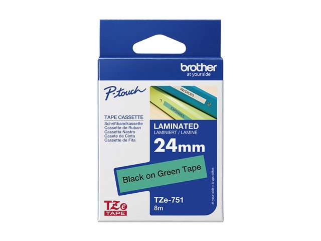 Brother TZe-751 - Black on green - Roll (2.4 cm x 8 m) 1 cassette(s) laminated tape - for Brother PT-D600, P-Touch PT-3600, D800, E550, P750, P900, P950, P-Touch Cube Plus PT-P710