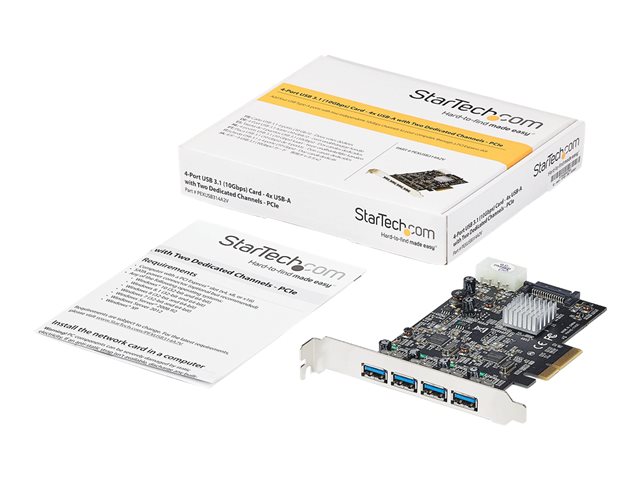 StarTech.com 4-Port USB PCIe Card - 10Gbps USB 3.1/3.2 Gen 2 Type-A PCI Express Expansion Card - 2 Controllers - 4xUSB - Windows/Mac/Linux - USB adapter - PCIe 3.0 x4 - USB 3.1 Gen 2 x 4
