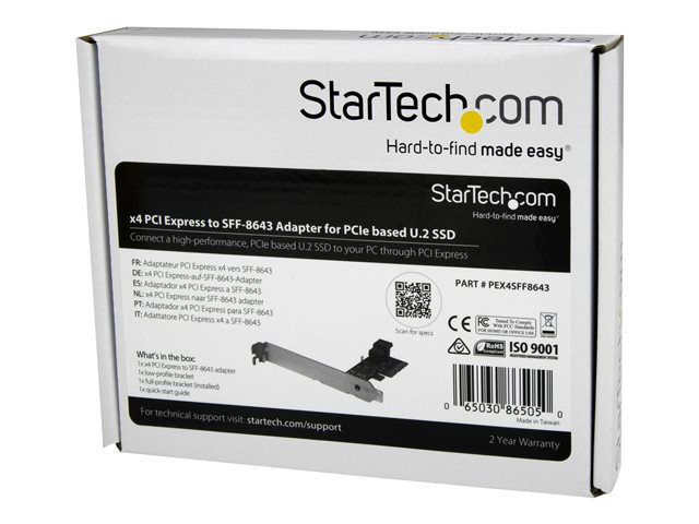 StarTech.com 4-Lane PCI Express to SFF-8643 Adapter for PCIe NVMe U.2 SSD - U.2 2.5\" NVMe SSD Adapter (PEX4SFF8643) - Interface adapter - 2.5\" - Expansion Slot to U.2 - SAS 12Gb/s - PCIe x4 - red