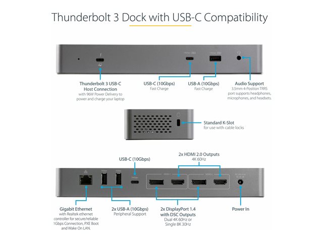 StarTech.com Thunderbolt 3 Dock with USB-C Host Compatibility, Dual 4K 60Hz DisplayPort 1.4 or Dual HDMI 2.0 Monitors, Single 8K, TB3/USB-C Laptop Docking Station, 96W PD, 5x USB, 10Gbps - 96W Power Delivery (TB3CDK2DHUE) - Docking station - USB-C 3.2 Gen 2 / Thunderbolt 3 - 2 x HDMI, 2 x DP - 1GbE