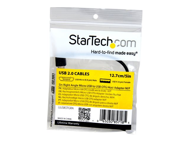 StarTech.com 5in Right Angle Micro USB to USB OTG Host Adapter M/F - Angled Micro USB Male to USB A Female On-The-Go Host Cable Adapter (UUSBOTGRA) - USB adapter - USB (F) to Micro-USB Type B (M) - USB 2.0 OTG - 12.7 cm - right-angled connector - black