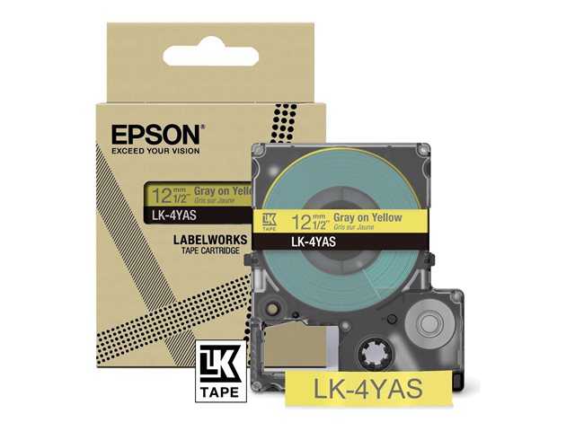 Epson LabelWorks LK-4YAS - Grey on yellow - Roll (1.2 cm x 8 m) 1 cassette(s) hanging box - tape cartridge - for LabelWorks LW-C410, LW-C610