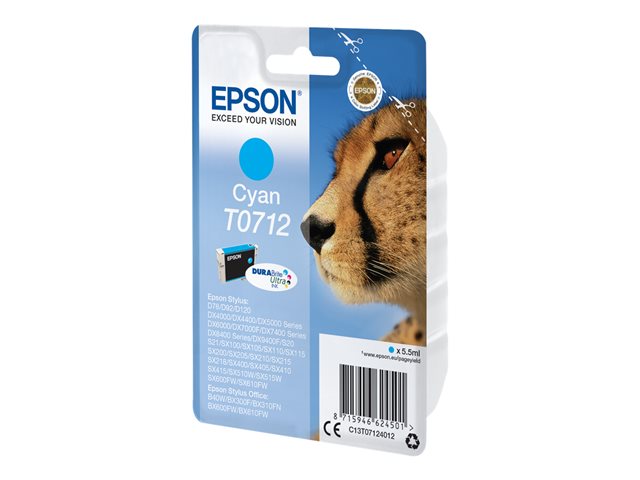 Epson T0712 - 5.5 ml - cyan - original - ink cartridge - for Stylus DX9400, SX115, SX210, SX215, SX218, SX415, SX515, SX610, Stylus Office BX310, BX610