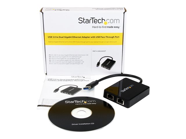 StarTech.com USB 3.0 to Dual Port Gigabit Ethernet Adapter w/ USB Port - 10/100/100 - USB Gigabit LAN Network NIC Adapter (USB32000SPT) - Network adapter - USB 3.0 - 1GbE - 1000Base-T - 2 ports - black