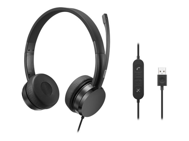 Lenovo - Headset - on-ear - wired - USB-A - black - CRU - for ThinkCentre M60q Chromebox, M70t Gen 3, ThinkCentre neo 70, ThinkPad E14 Gen 3