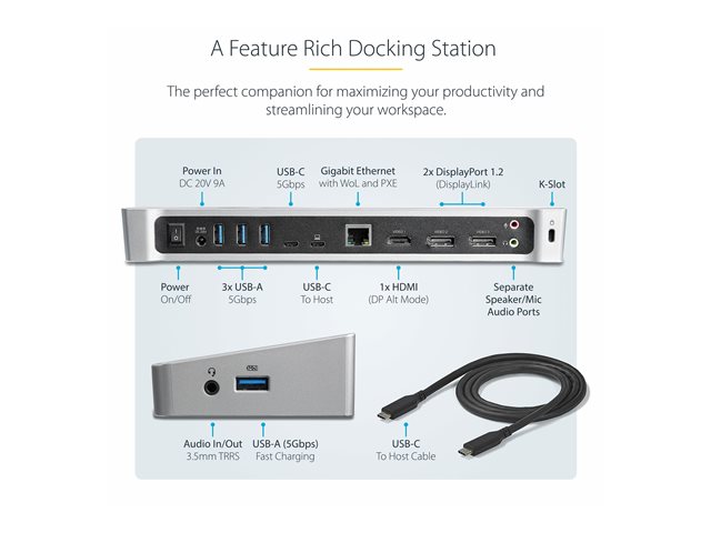 StarTech.com USB-C Dock, 4K Triple Monitor USB Type-C Docking Station with Dual DisplayPort & HDMI, 100W Power Delivery + Charging, USB 3.0/3.1 Gen 1 Hub (1x USB-C + 4x USB-A) w/ Ethernet - 100W PD Laptop Dock (DK30CH2DEPUE) - Docking station - USB-C - HDMI, DP - 1GbE - 100 Watt - TAA Compliant