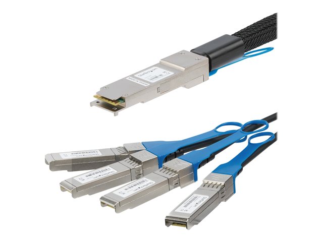 StarTech.com MSA Uncoded Compatible 1m 40G QSFP+ to 4x SFP+ Direct Attach Breakout Cable Twinax, 40GbE QSFP+ to 4x SFP+ Copper DAC 40 Gbps Low Power Passive Transceiver Module DAC Cable - Lifetime Warranty (QSFP4SFPPC1M) - Breakout cable - QSFP+ latched to SFP+ latched - 1 m - twinaxial - SFF-8431/SFF-8432/SFF-8436 - passive - black