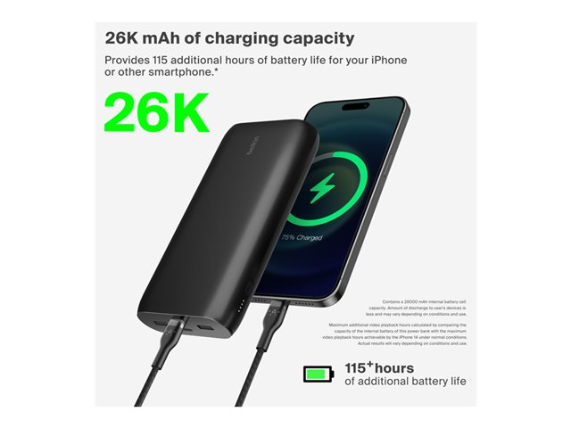 Belkin BoostCharge - Power bank - 26000 mAh - 32 Watt - PD, Fast Charge - 4 output connectors (24 pin USB-C, USB) - on cable: USB-C