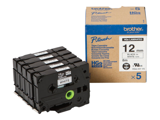 Brother HGE-231V5 - Black on white - Roll (1.2 cm x 8 m) 5 cassette(s) laminated tape - for P-Touch PT-9500pc, PT-9700PC, PT-9800PCN, P-Touch R RL-700S