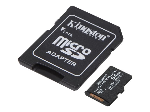 Kingston Industrial - Flash memory card (microSDXC to SD adapter included) - 64 GB - A1 / Video Class V30 / UHS-I U3 / Class10 - microSDXC UHS-I
