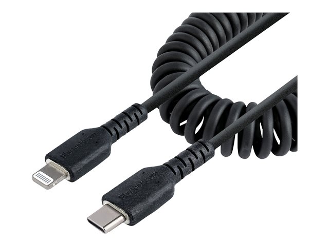 StarTech.com 50cm/20in USB C to Lightning Cable, MFi Certified, Coiled iPhone Charger Cable, Black, Durable and Flexible TPE Jacket Aramid Fiber, Heavy Duty Coil Charging Cable - Rugged USB Lightning Cable - Lightning cable - 24 pin USB-C male to Lightning male - 50 cm - black - coiled