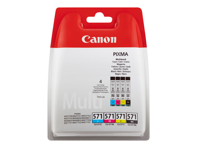 Canon CLI-571 C/M/Y/BK Value Pack - 4-pack - 7 ml - black, yellow, cyan, magenta - original - ink tank - for PIXMA TS5051, TS5053, TS5055, TS6050, TS6051, TS6052, TS8051, TS8052, TS9050, TS9055