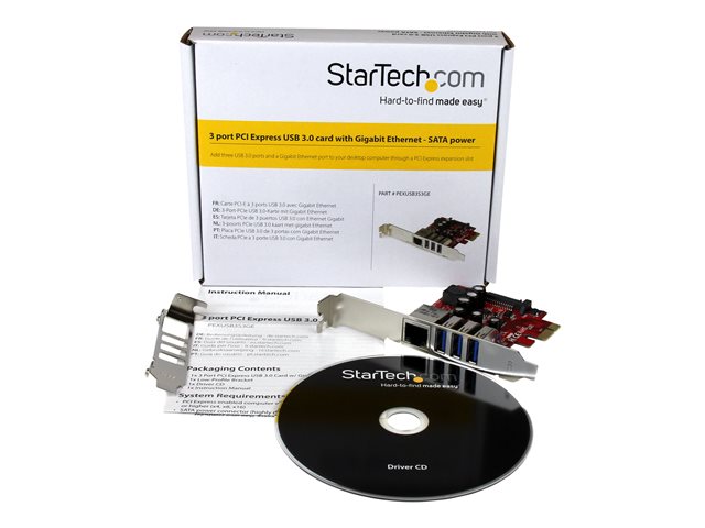 StarTech.com 3 Port PCI Express USB 3.0 Card + Gigabit Ethernet - Fits Standard & Low-Profile PCs - UASP Supported - Optional SATA Power (PEXUSB3S3GE) - Network / USB adapter - PCIe 2.0 low profile - USB 3.0 x 3 + 1000Base-T x 1