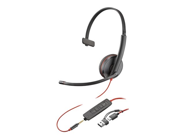 Poly Blackwire 3215 Monaural USB-C Headset +3.5mm Plug +USB-C/A Adapter - Replaces Poly SKU 209750-22