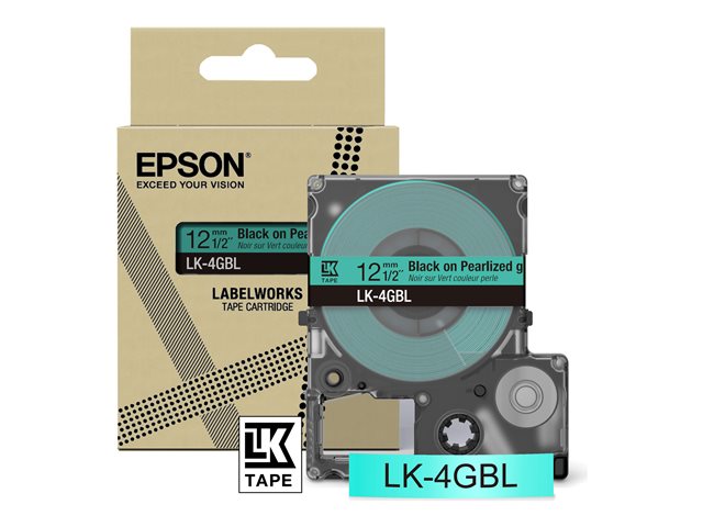 Epson LabelWorks LK-4GBL - Black on pearlised green - Roll (1.2 cm x 9 m) 1 cassette(s) hanging box - tape cartridge - for LabelWorks LW-C410, LW-C610