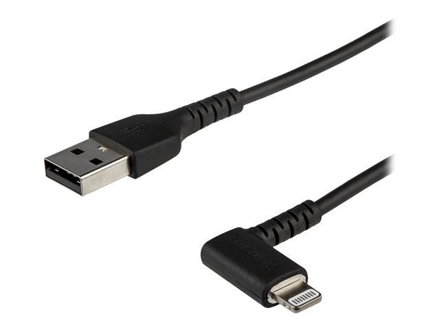 StarTech.com 3ft (1m) Durable USB A to Lightning Cable, Black 90° Right Angled Heavy Duty Rugged Aramid Fiber USB Type A to Lightning Charging/Sync Cord, Apple MFi Certified, iPhone 12 Pro - iPhone 7/8/11/11 Pro - Lightning cable - Lightning male angled to USB male - 1 m - double shielded - black