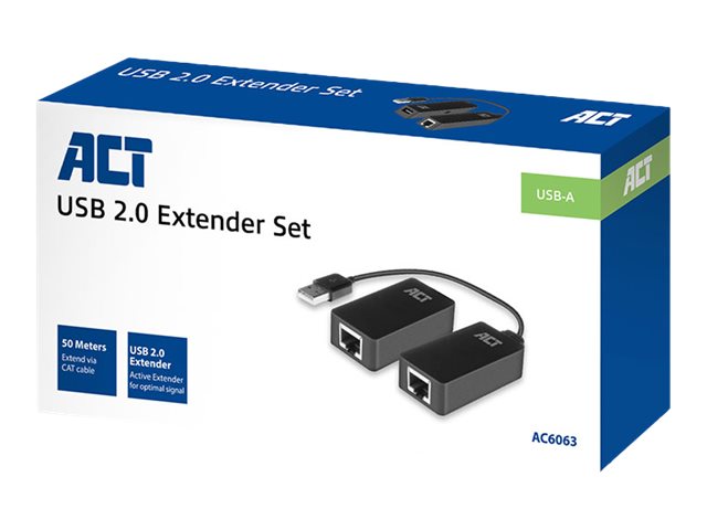 ACT Active USB 2.0 extender set 50m single CATx, with power adapter (retail)