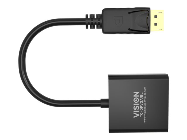 VISION Professional installation-grade DisplayPort to VGA adaptor - LIFETIME WARRANTY - maximum resolution 1920 x 1080 - does not convert VGA to DP - hotplug - DP (M) to VGA (F) - overall length 150 mm - outer diameter 5.5 mm - 32 AWG - black