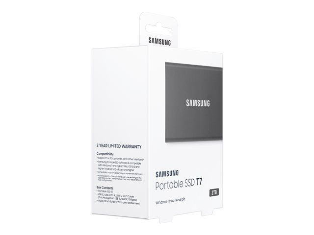 Samsung T7 MU-PC2T0T - SSD - encrypted - 2 TB - external (portable) - USB 3.2 Gen 2 (USB-C connector) - 256-bit AES - titan grey