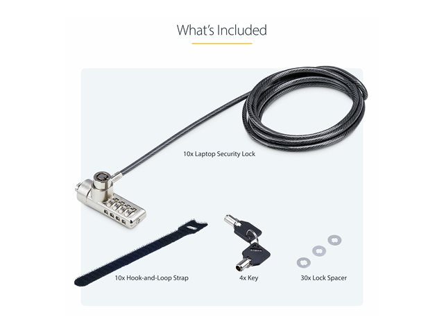 StarTech.com 10-Pack Dual-Access Laptop Lock, 6.5ft (2m) Keyed Alike and Combination Security Cable Lock for K-Slot Devices, Computer Anti-Theft Steel Cable - Security cable lock - black & silver - 2 m (pack of 10)