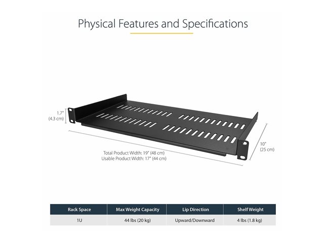 StarTech.com 1U Vented Server Rack Cabinet Shelf, 10in Deep Fixed Cantilever Tray, Rackmount Shelf for 19\" AV/Data/Network Equipment Enclosure with Cage Nuts & Screws, 44lbs Weight Cap. - 1U Network Rack Shelf (CABSHELFV1U) - Rack shelf - black - 1U - 10\"