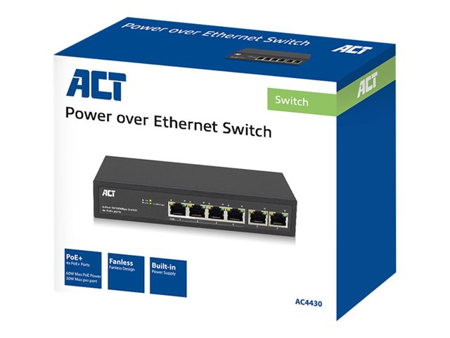 ACT 10/100 Unmanaged PoE+ Switch 6 ports ( 4 port PoE+, 60W total), built-in power supply (retail)